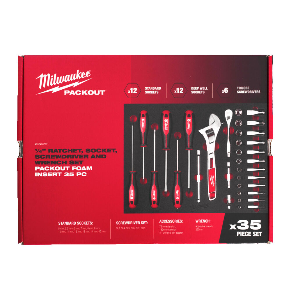 Milwaukee set di cricchetto e bussole in termoformato da 1/4"  - PACKOUT™