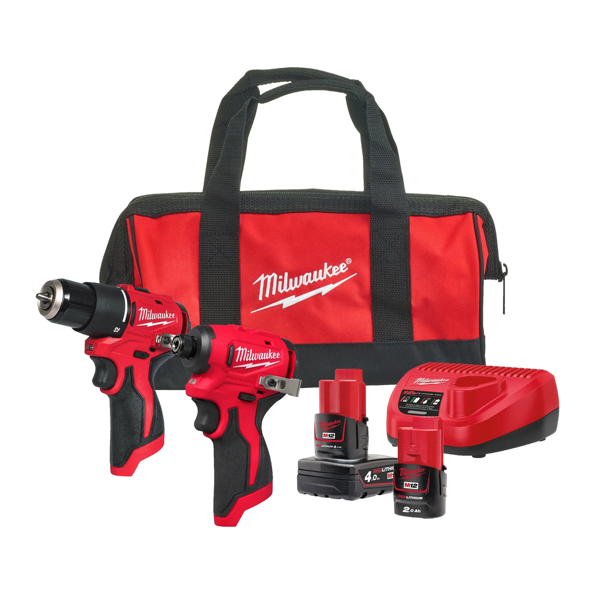 Milwaukee Kit M12™ Brushless Trapano a Percussione + Avvitatore ad Impulsi 1/4 Hex (12V) 2 Batterie ed 1 Caricabatterie